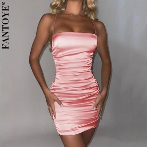 Fantoye Sexy Backless Diamonds Satin Women Dress Pink Sleeveless Spaghetti Strap Mini Dress Ladies Autumn Skinny Party Clubwear
