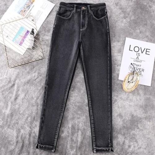 Winter Velvet Thinck Elastic Skinny Woman Imitation Jeans High Waist Embroidered Flares Slim Pencil Pants Warm Leggings PlusSize