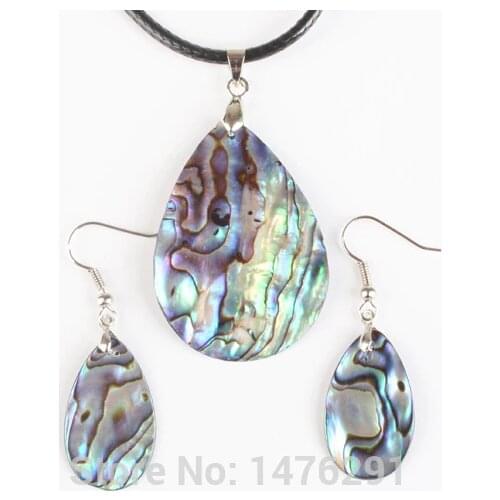 New Natural Abalone Shell Water Drop Blue Thin Beads Pendant Necklac & Earring 1 Set