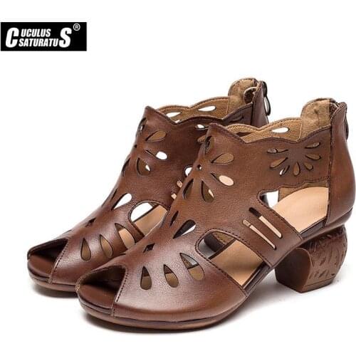 Cuculus 2020 new women sandals women slippers genuine leather thick high-heeled color block decoration open toe women sandals