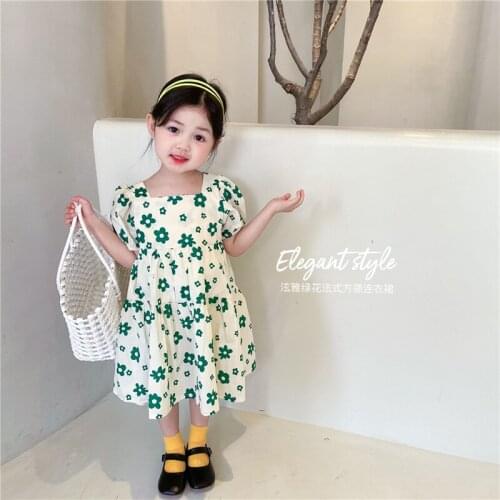 Korean Children Summer Short-sleeved Floral Skirt for Girls Kids Dresses for Girls Flower Girl Dresses Toddler Girl Clothes 2021