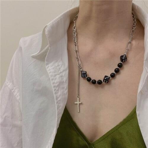 Statement Hip Hop Black Square Beads Long Chain Necklace For Women Men Personality New Fashion Stainless Steel Jewelry