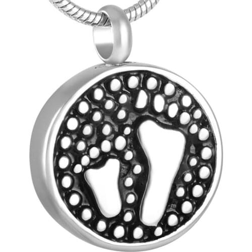 IJD8537 Stainless Steel Double Baby Feet Cremation Round Pendant for Ashes Urn Memorial Keepsake Locket Necklace Jewelry