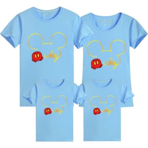 Family Matching T Shirts Summer Short Sleeve Light Blue Mickey Mouse Printed Cute Cartoon Clothes Harajuku Streetwear Family Top