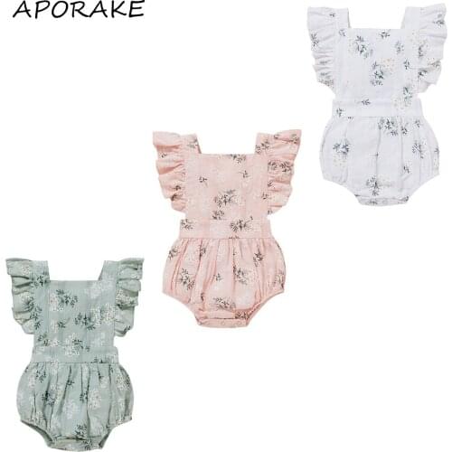 2021 0-18M Baby Girls Sweet Ruffles Fly Sleeve Romper Summer Fashion Flower Print Bandage Backless Jumpsuits Playsuit