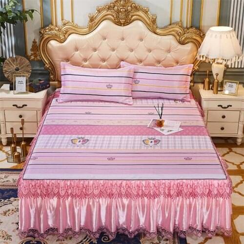 Thick King/queen Bed Sheet Summer Ice Silk Bedding Set with 2pcs Pillowcases Double Bed Lovely Bed Skirt Bedspread F0511