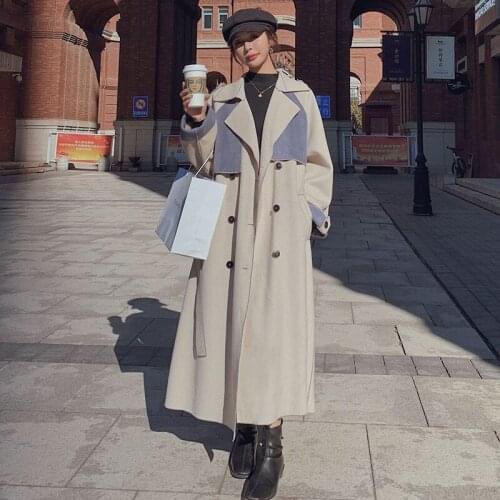 Womens Woolen Winter Coat Color-block Long Korean Loose Fashion Style Suit Collar Double-breasted Ladies Cloak Straight Jacket