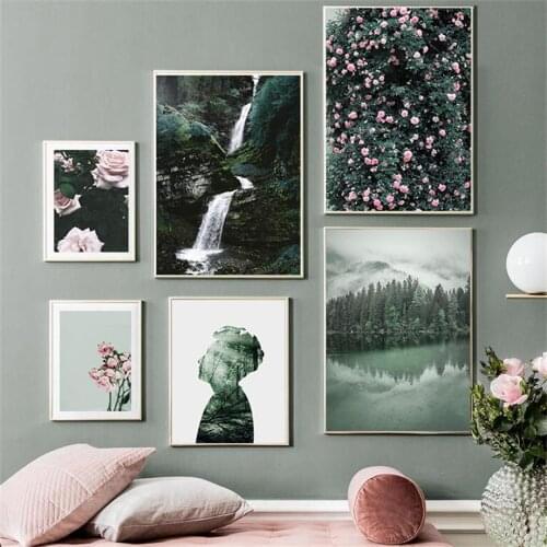 Forest Lake Waterfall Flower Abstract Wall Art Canvas Painting Nordic Posters And Prints Wall Pictures For Living Room Decor