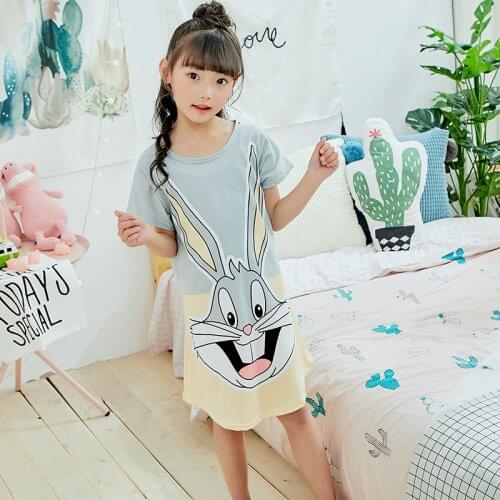 Summer Girls Nightdresses For Kids Round Neck Nightgown Toddler Short Sleeved Cartoon Sleep Dress Children Princess Night Skirt