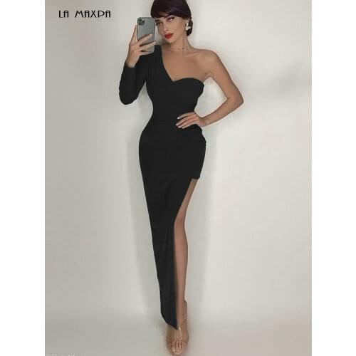 2021 Summer New High Quality Black Green Sexy Split One Shoulder Long Sleeve Bodycon Celebrity Fashion Dress Vestidos