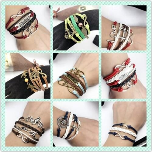 Vintage Leaf Feather Multilayer Leather Bracelet Men Fashion Braided Handmade Heart Angel Wings Bracelets & Bangles Woman Gift