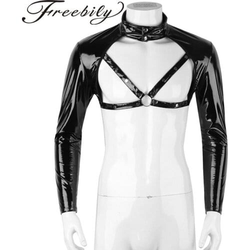2018 Black Mens Sexy Wetlook Crop Tops Clothes Long Sleeve Stand Collar Studded Muscle Half Tank Top Clubwear Stage Costume Tops