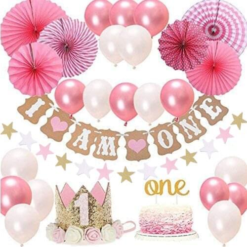 Pink Baby 1 Year Old Balloons Set Childrens Birthday Decoration I AM ONE Letter Ballon Birthday Party DIY Crown Scene Props