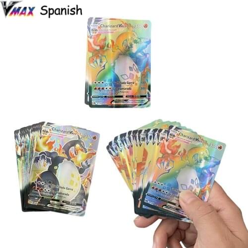 Newest Pokemon Spanish Card Rainbow state Charizard Vmax Tag Team GX V Pokemon Holographic Trading Card Anime Toys