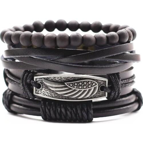 New 4 Pcs/set Alloy Feather Cross Wing Charm Leather Men Bracelets For Women Femme Homme Male Jewelry Freely Shipping