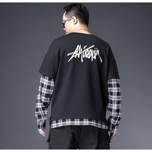 Plus 7XL-XL Sports Long-sleeved T-shirt Mens 2020 Autumn Winter New Trend Student Fake Two-piece Clothes O-neck Plus Velvet
