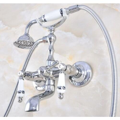 Polished Chrome Brass Double Ceramic Handles Wall Mounted Bathroom Clawfoot Bathtub Tub Faucet Mixer Tap w/Hand Shower atf872