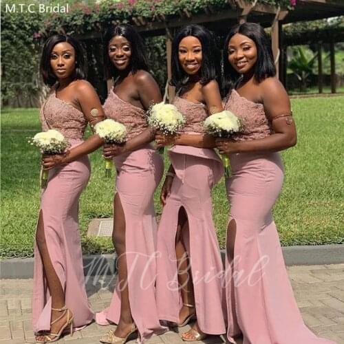 Dusty Pink One Shoulder African Bridesmaid Dresses Side Slit Mermaid Sexy Wedding Party Gowns Plus Size Black Girls Prom Dress