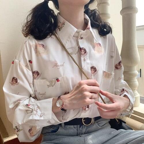 BF Japanese Lantern Sleeve TShirt Angel Print Womens Shirt Vintage Elegant Blouse for Girls Lantern Sleeve Clothes Kawaii Shirt