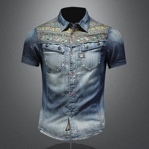 European Retro Fashion Embroidered Denim Shirt Short Sleeved Summer Mens Slim Washed Jean Shirts Male Casual 100% Cotton Tops