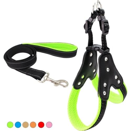 Reflective Pet Dog Vest Harness and Leash Set Rhinestone Pets Harnesses Lead for Small Medium Big Dogs Mesh Nylon Chest Strap