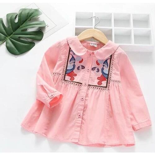 Girls tops 2019 new childrens spring national wind shirt baby lapel hollow long-sleeved shirt kids embroidery blouses clothes