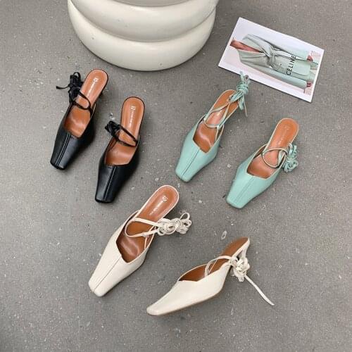 Fashion Women Square Toe Cross Strap Lace Up Ankle Bandage Thin High Heels Solid Color Black/Beige/Green Party Pumps Shoes 35-39