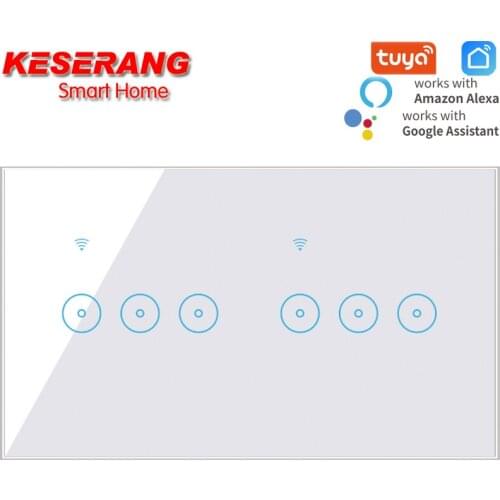 Tuya Smart Wifi Wall Switch 6 Gang,Remote Control Wireless Led Light Switch,Tempered Glass Smart Touch Screen Switch,95-250V