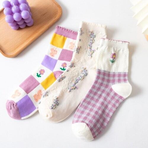 Japanese Purple Retro Floral Plaid Socks Female Tube Socks Personality Cotton Ethnic Style Flowers Forest All-match Long Socks