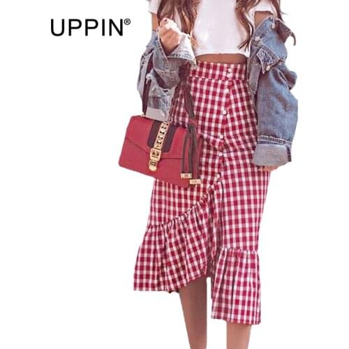 UPPIN 2018 Spring Summer Gingham Skirt Women Red White Plaid Long Skirts Ruffled Female Skirt High Waist Cotton Club Faldas Jupe