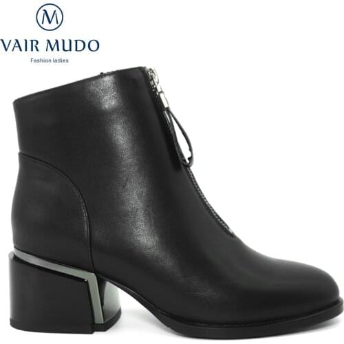 VAIR MUDO High Heel Ankle Boots Shoes Women Fashion Genuine Leather Thick Heel Round toe Sexy Elegant Lining Short plush DX105