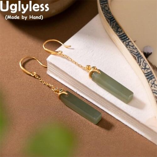 Uglyless Simple Geometric Earrings for Women Luxury Natural White Jade Fine Jewelry Gemstones Cuboid Earrings Solid 925 Silver
