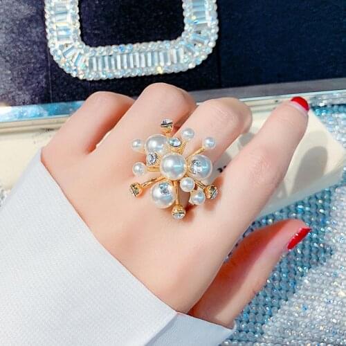 Anillos mujer Snowflake Shape Faux Pearl Rhinestone Inlaid Women Open Ring Finger Jewelry Rings Womens bagues pour femme