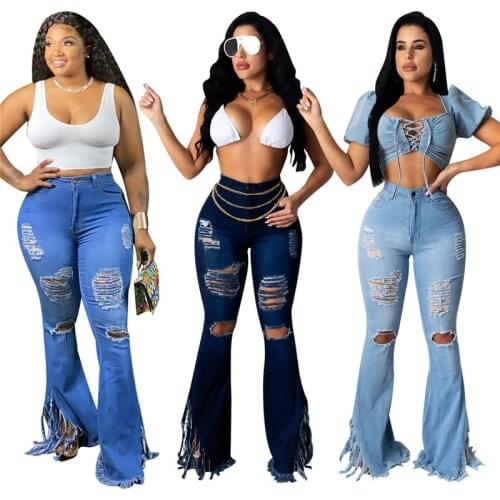 2020 Sexy Women Slim Fitness Jeans Tassels Ripped High-waist Ruffles Denim Jeans Holes Flare Pants Destroyed Jeans Streetwear