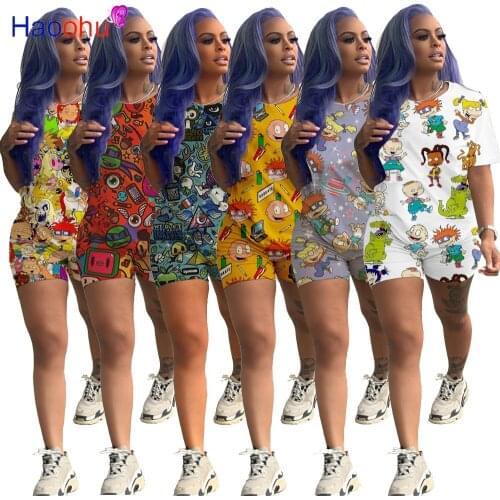 Plus Size 2 Piece Club Outfit Summer Clothes For Women Cartoon Character Print Loose Top And Biker Short Sweat Suit Matching Set
