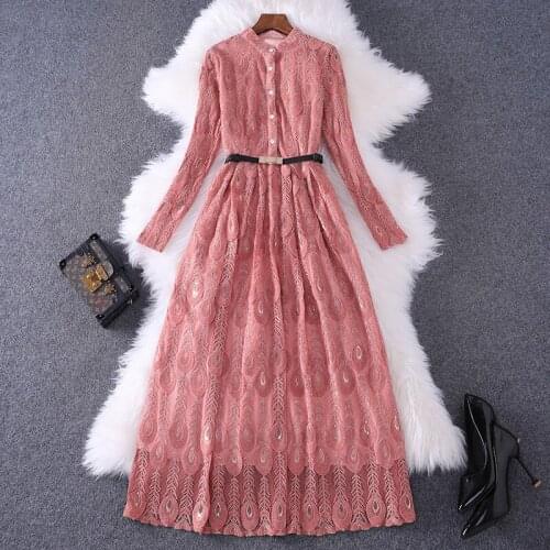 Elegant Lady Spring Dress Women 2020 Spring New Fashion Long Sleeve Hollow Aline Mid Calf Lace Dress Party robe femme vestidos