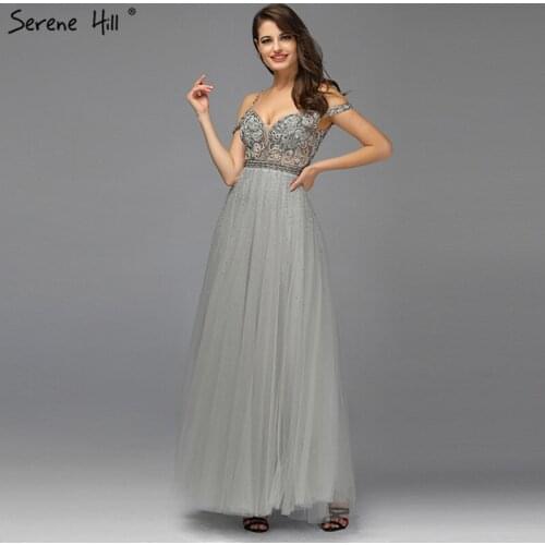 2020 Grey Sleeveless Sexy A-Line Prom Dressese Beading Diamonds Tulle Prom Gowns Design Serene Hill BLA70145