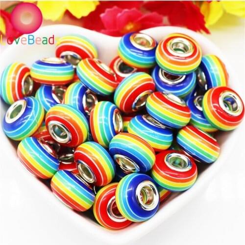 10Pcs 14x8mm Big Hole Round Rainbow Spacer Loose Beads Charms with Silver Plated Cores Fit Pandora Bracelet Chain Jewelry Making
