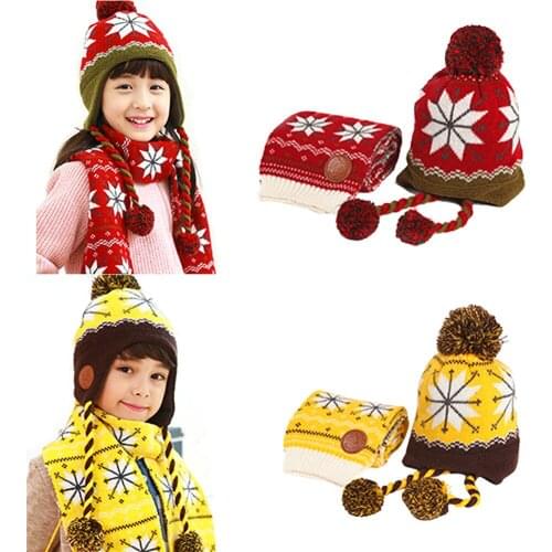 2PCS Kids Baby Girls Boys Winter Warm Wool Hats Scarf Sets Children Knitted Scarf Pom Beanie Hat Outfits 4-12 Years