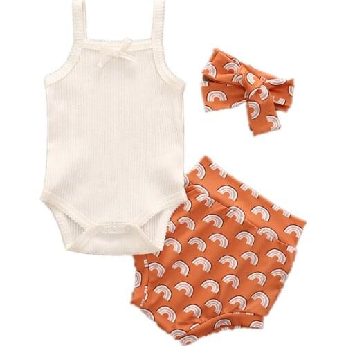 2020 Summer Newborn Baby Girls Clothing Set Sleeveless Square Collar Suspender Vest + Rainbow Shorts + Headband 0-18M Clothes