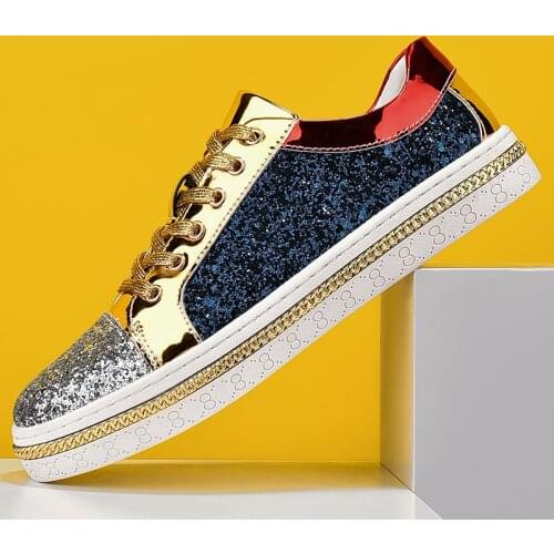 Alittwishs Brand Fashion Golden Glitter Sneakers Men Shiny Casual Shoes Sneakers Autumn Low Flats Mirror Shoes Men zapatos mujer