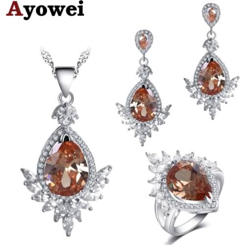 Ayowei Champagne Cubic Zirconia for lady 925 Stamped Silver Earring Necklace Ring Jewelry Set for women party JS766A