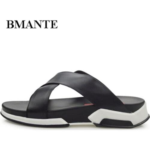 Bmante Genuine Leather New Men Sandals Beach Solid Flat Casual Slippers Summer Male Shoes Outdoor Concise Leisure Fashion