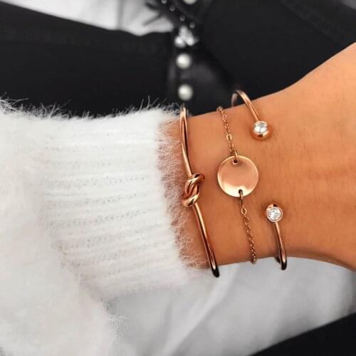 Mavis Hare Stainless Steel Bracelet Bangle Set with Circle Coin & Knot & Crystal Cuff Bangle as gift