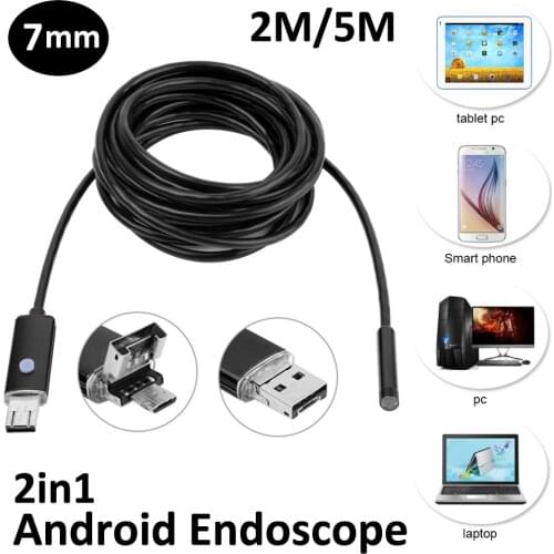 New Arrival 7mm 2in1 Android USB Endoscope Camera 2M 5M OTG Micro USB Snake Tube Inspection Borescope IP68 Waterproof 6PC LED