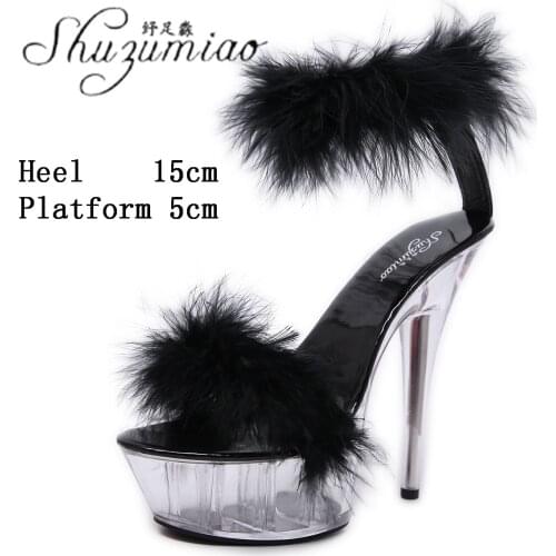 Model Sexy Striptease Show Transparent Crystal Stiletto 15CM Super High Heel Sandals Clear Platform Furry Womens Shoes 2021 New
