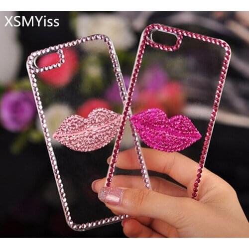 XSMYiss Bling Rhinestone Diamond Transparent Soft TPU Phone Case Pink Lip Case Cover For iPhone 12 11 Pro XS MAX XR 6S 7 8 PLUS