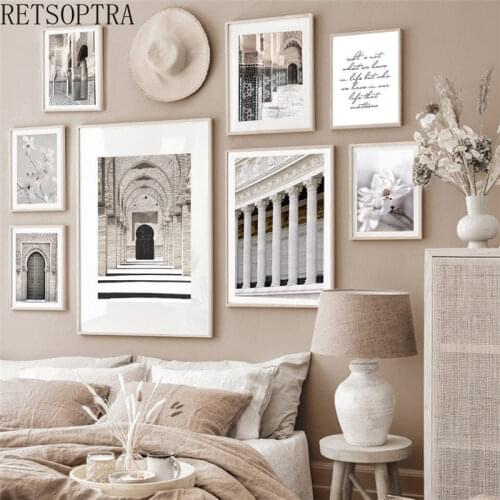 Muslim Islamic Style Moroccan Beige Architecture Poster Canvas Flower Painting Decorative Wall Art Print Picture Home Decoration