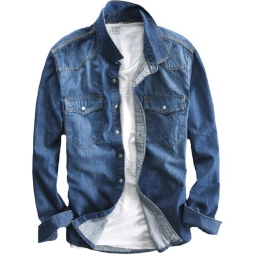 Mens Long Sleeve Solid Jeans Shirt Fashion Brand Classic Vintage Jeans Pockets Decorate Business Shirts