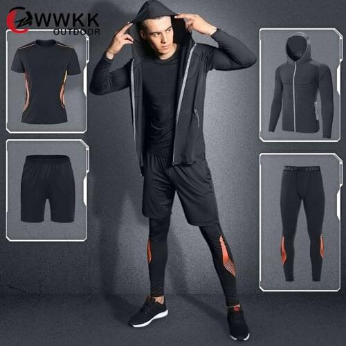 Men Sport Set Compression T-Shirt+Pants+Hooded Coat Skin-Tight Long Sleeves Fitness Professional Training Clothes Gym Yoga Suits